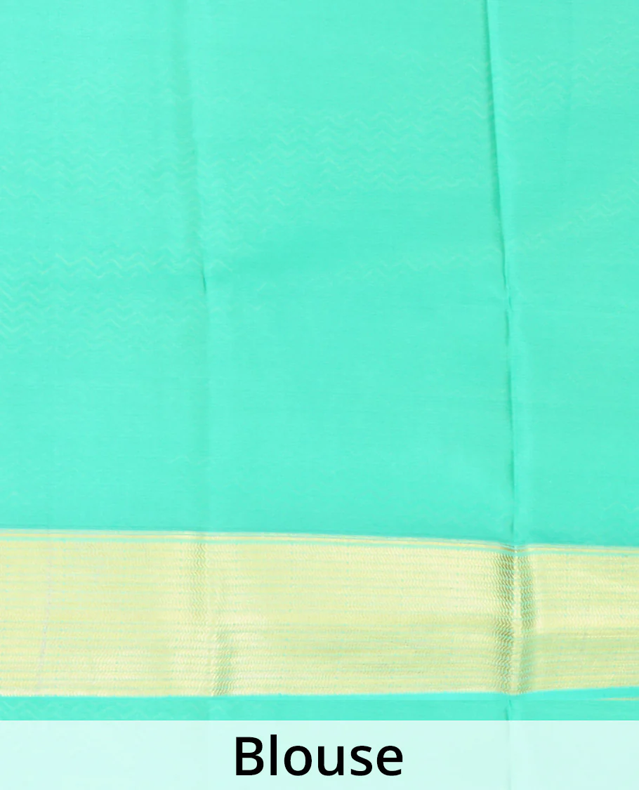 Yellow zari buttas Mysore silk saree, contrast traditional design zari border & pallu of chevron designs - Image 5