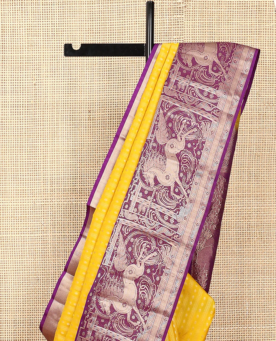 Yellow zari buttas Vasundhara silk saree, contrast border of kuthirai designs, and pallu of intricate designs - Image 3