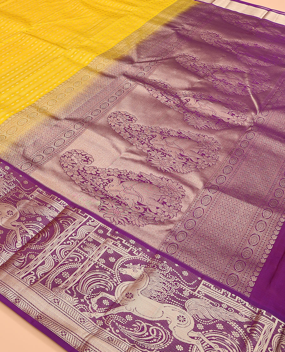 Yellow zari buttas Vasundhara silk saree, contrast border of kuthirai designs, and pallu of intricate designs - Image 5