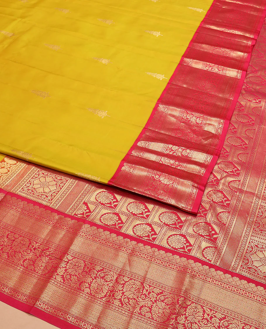 Yellow zari buttas Vasundhara silk saree, contrast border of mayil kann, and kodi visiry designs, and pallu of floral designs - Image 2