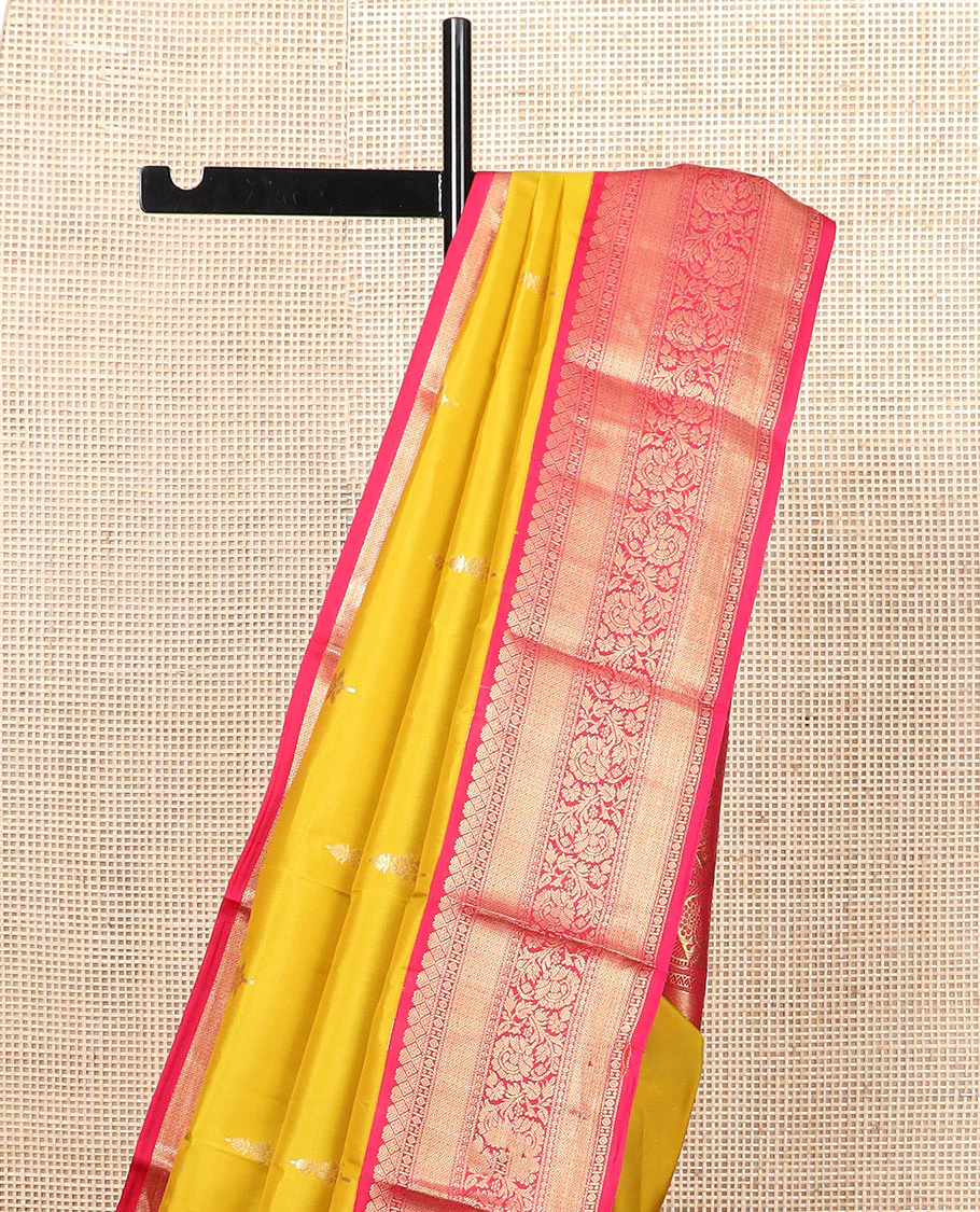 Yellow zari buttas Vasundhara silk saree, contrast border of mayil kann, and kodi visiry designs, and pallu of floral designs - Image 3