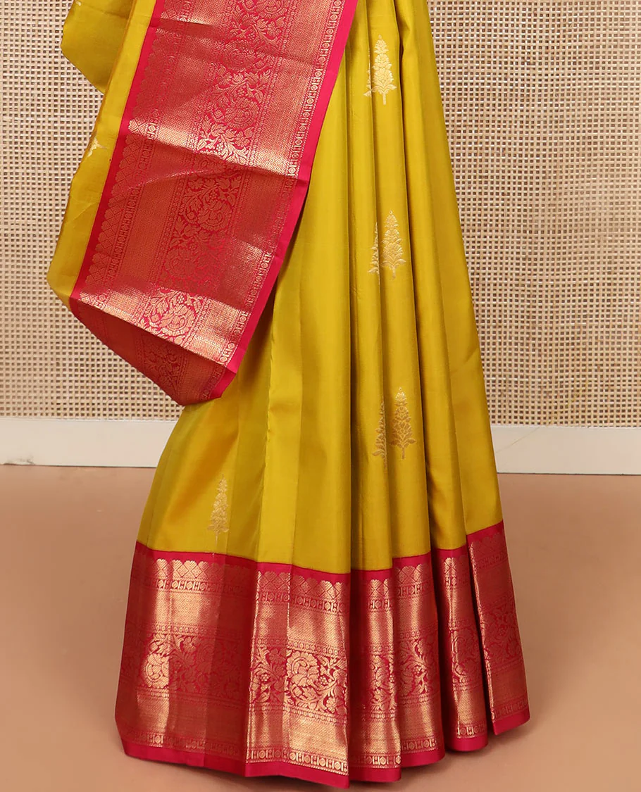 Yellow zari buttas Vasundhara silk saree, contrast border of mayil kann, and kodi visiry designs, and pallu of floral designs - Image 4