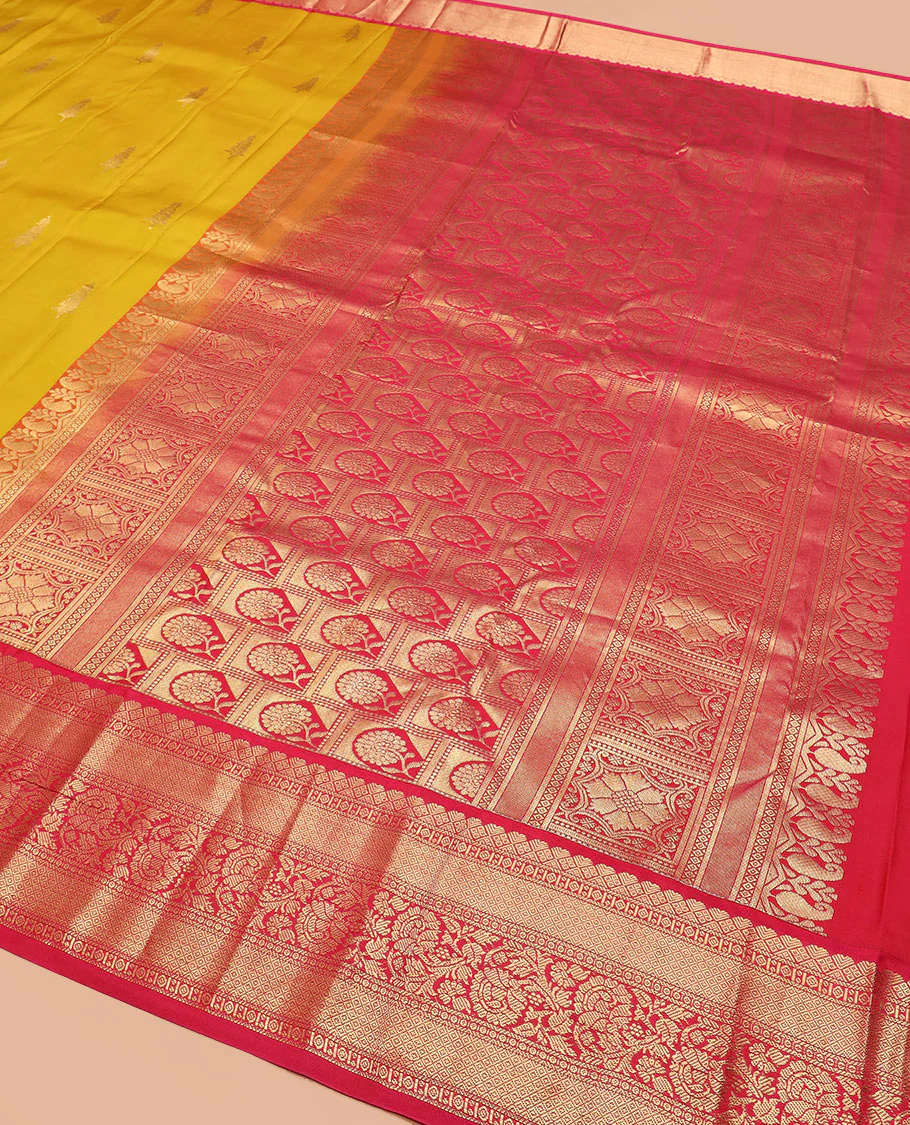 Yellow zari buttas Vasundhara silk saree, contrast border of mayil kann, and kodi visiry designs, and pallu of floral designs - Image 5