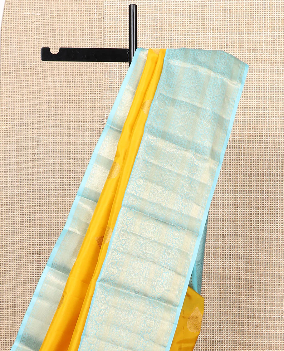 Yellow zari buttas Vasundhara silk saree, contrast border of rekku, muthu, kodi manga, kodi visiry, mayil kann, and rudraksham designs, and jaal pallu - Image 3