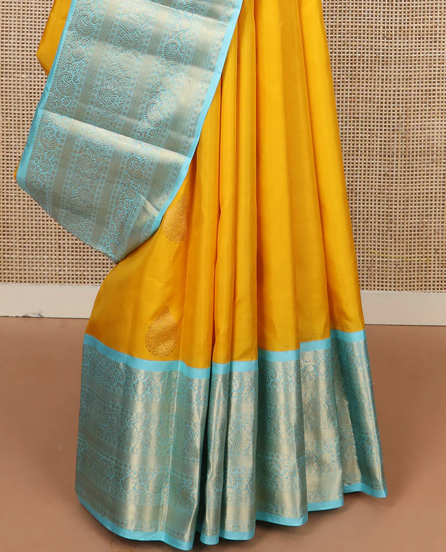 Yellow zari buttas Vasundhara silk saree, contrast border of rekku, muthu, kodi manga, kodi visiry, mayil kann, and rudraksham designs, and jaal pallu - Image 4