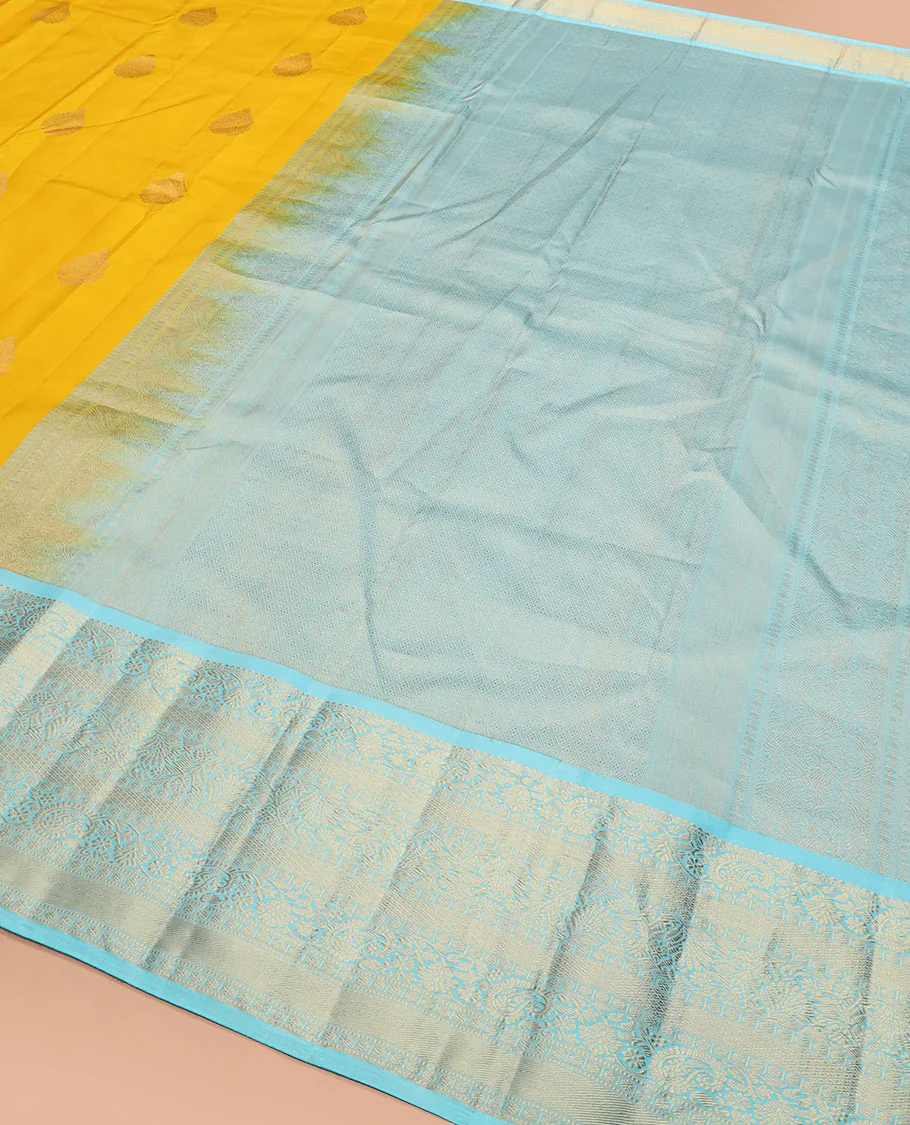 Yellow zari buttas Vasundhara silk saree, contrast border of rekku, muthu, kodi manga, kodi visiry, mayil kann, and rudraksham designs, and jaal pallu - Image 5