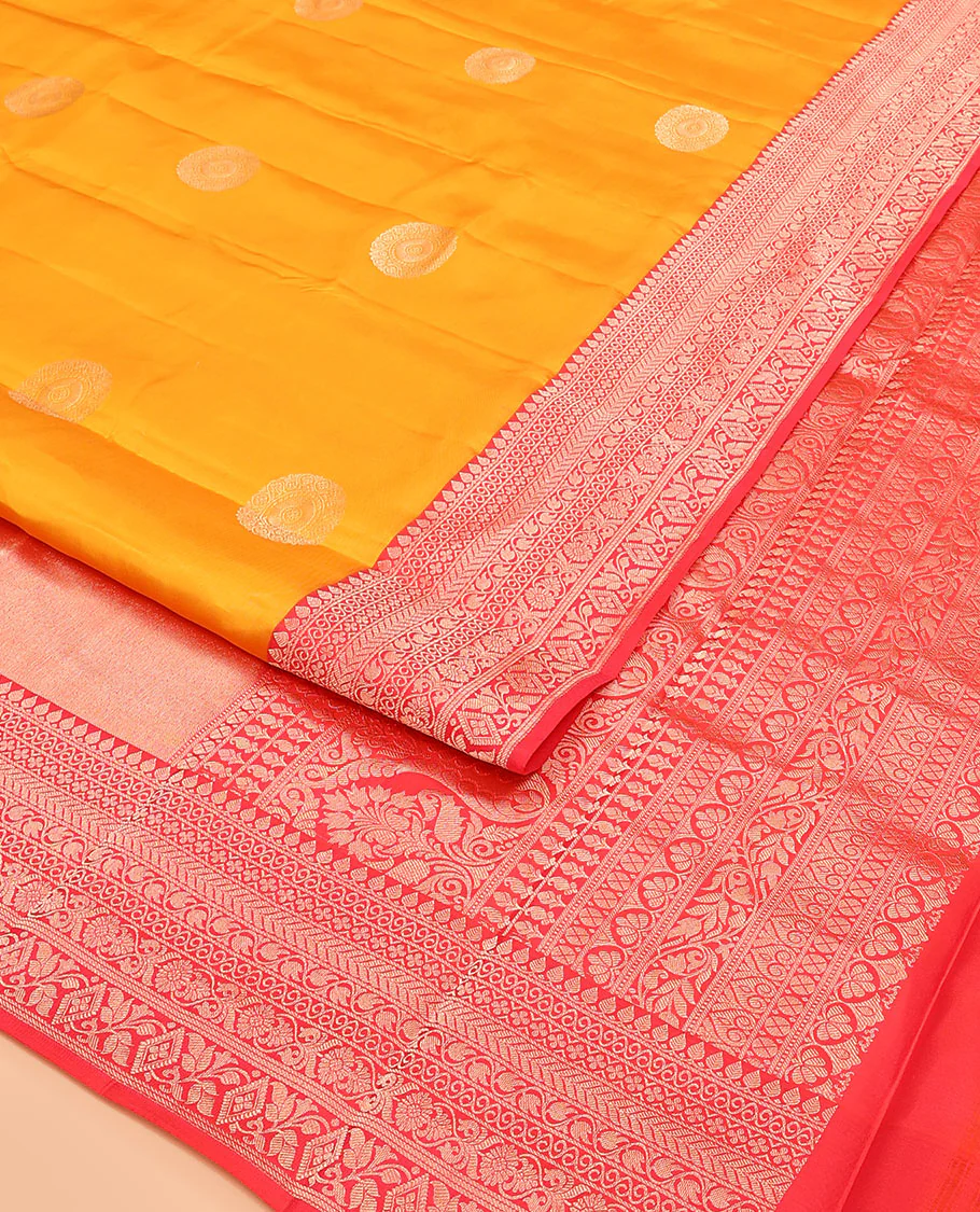 Yellow zari buttas Vasundhara silk saree, contrast border of thilakam mokku, kathir, leaf vine, floral, and diamond designs, and pallu of intricate designs - Image 2