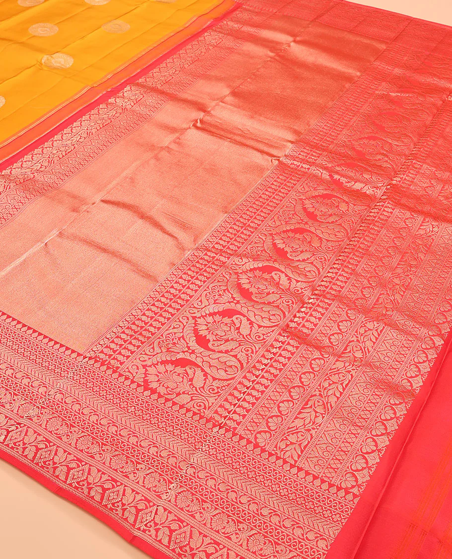 Yellow zari buttas Vasundhara silk saree, contrast border of thilakam mokku, kathir, leaf vine, floral, and diamond designs, and pallu of intricate designs - Image 5