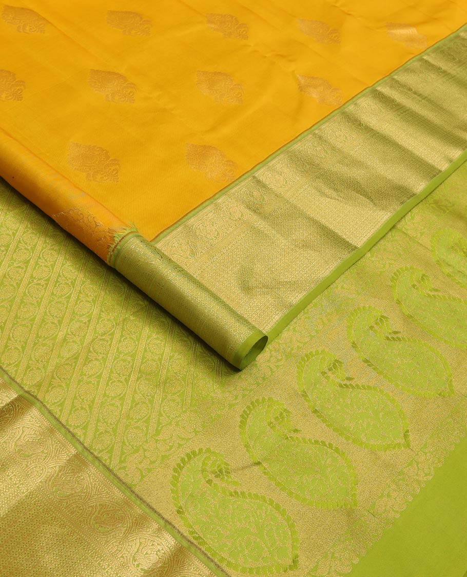 Yellow zari buttas Vasundhara Lite Silk Mix Saree, contrast border of muthu, mayil, kamalam, jaal designs, and pallu of kodi visiry designs - Image 2