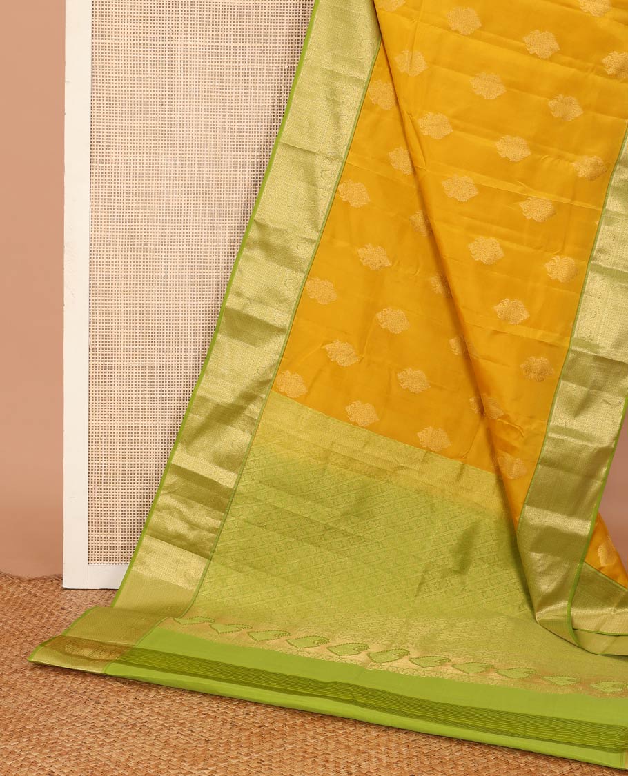 Yellow zari buttas Vasundhara Lite Silk Mix Saree, contrast border of muthu, mayil, kamalam, jaal designs, and pallu of kodi visiry designs - Image 3