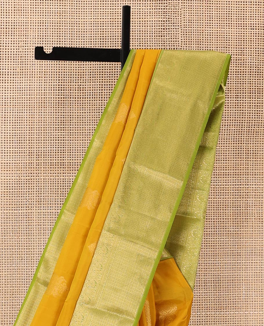 Yellow zari buttas Vasundhara Lite Silk Mix Saree, contrast border of muthu, mayil, kamalam, jaal designs, and pallu of kodi visiry designs - Image 4