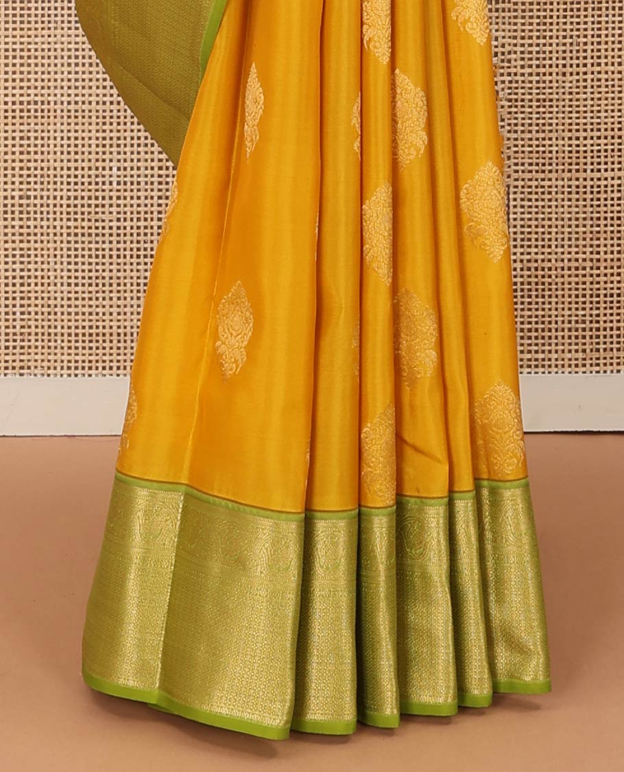 Yellow zari buttas Vasundhara Lite Silk Mix Saree, contrast border of muthu, mayil, kamalam, jaal designs, and pallu of kodi visiry designs - Image 5