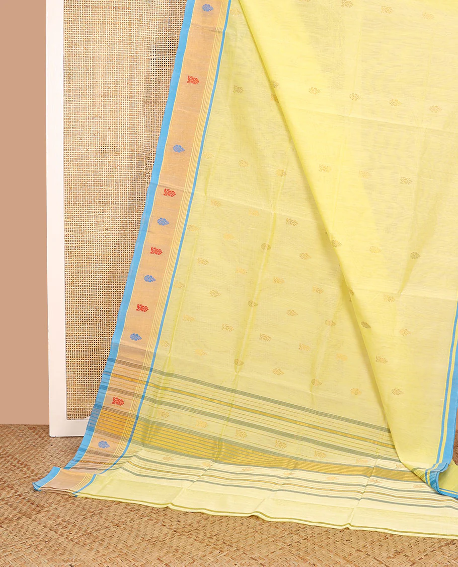 Yellow zari buttas Venkatagiri cotton saree with contrast zari and thread border, and pallu of zari stripes - Image 2