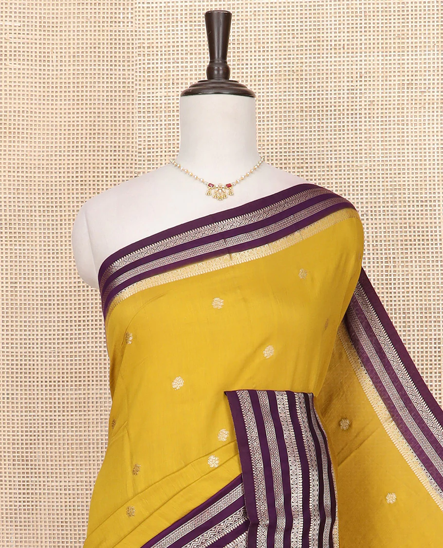 Yellow zari buttas woven Assam silk saree, contrast big border of traditional zari designs, and pallu of zari buttas and zari stripes - Image 2