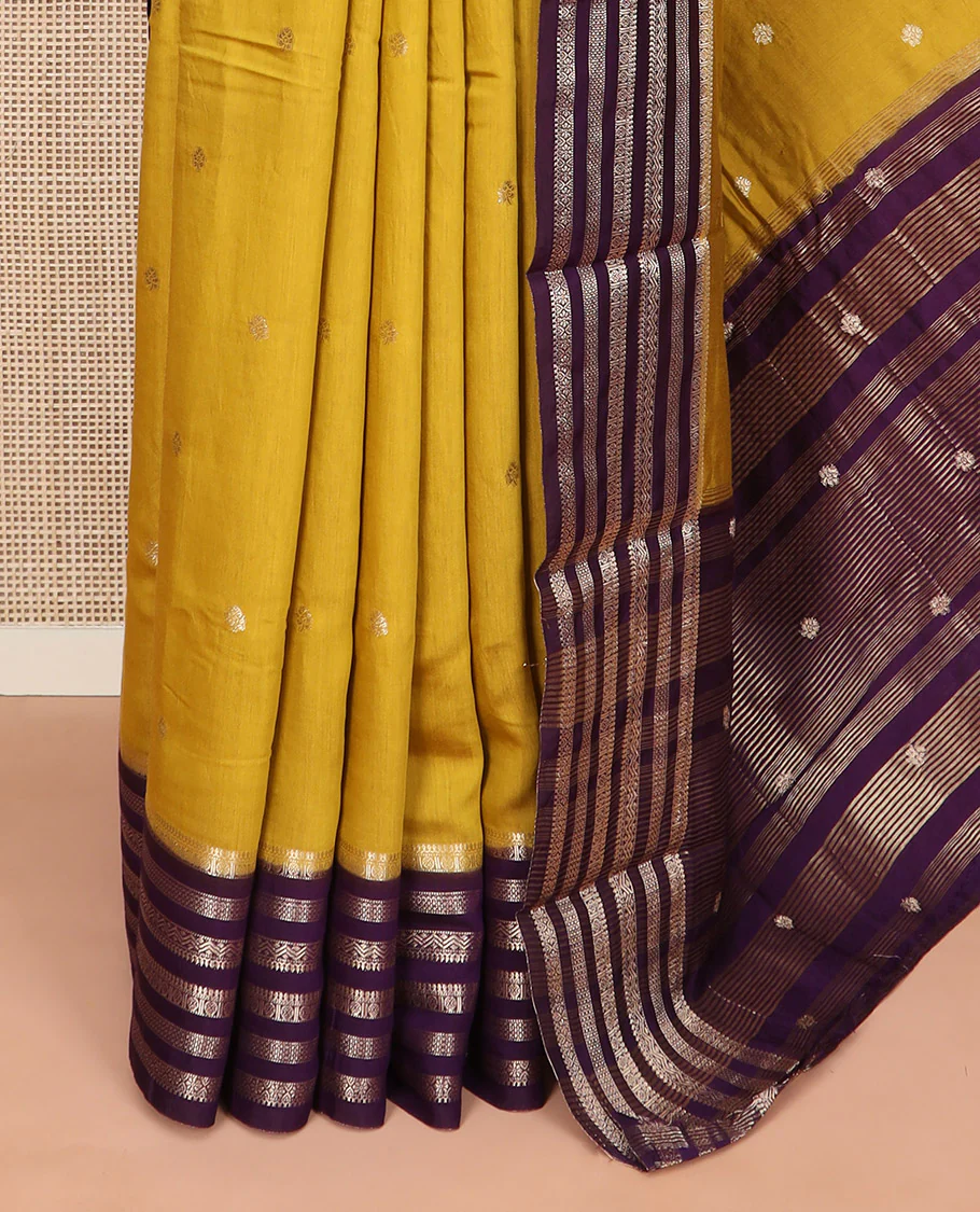 Yellow zari buttas woven Assam silk saree, contrast big border of traditional zari designs, and pallu of zari buttas and zari stripes - Image 3
