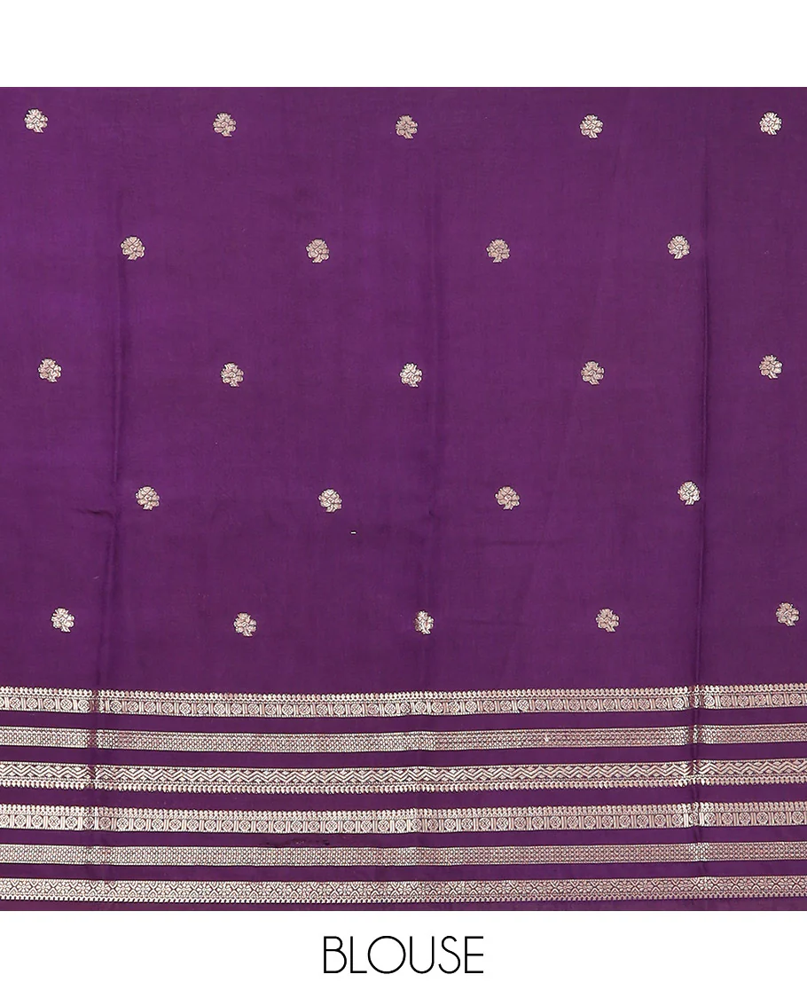 Yellow zari buttas woven Assam silk saree, contrast big border of traditional zari designs, and pallu of zari buttas and zari stripes - Image 4