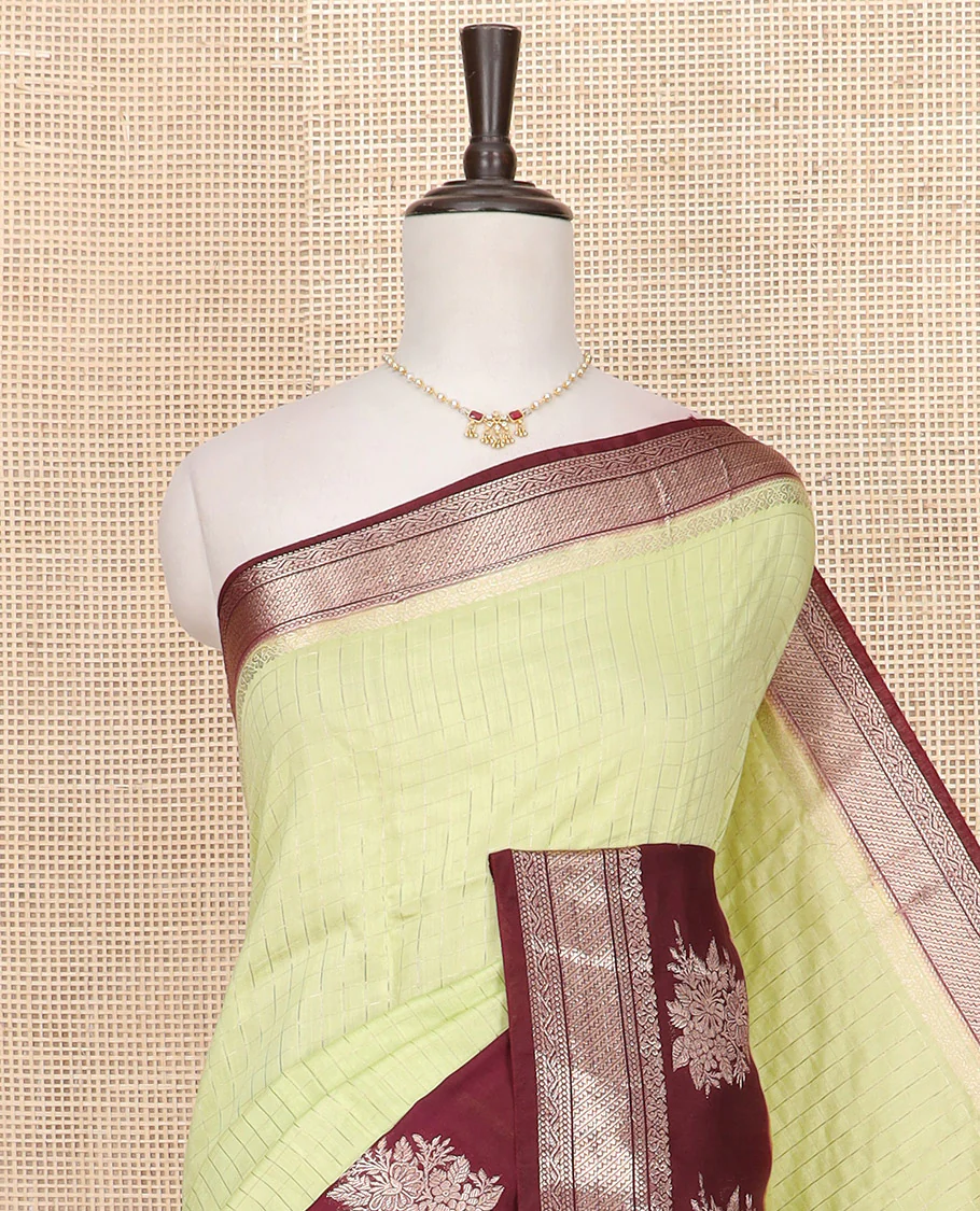 Yellow zari checked Assam silk saree, contrast traditional zari border of floral designs, and pallu of zari designs - Image 2