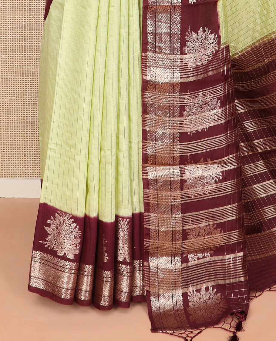 Yellow zari checked Assam silk saree, contrast traditional zari border of floral designs, and pallu of zari designs - Image 3