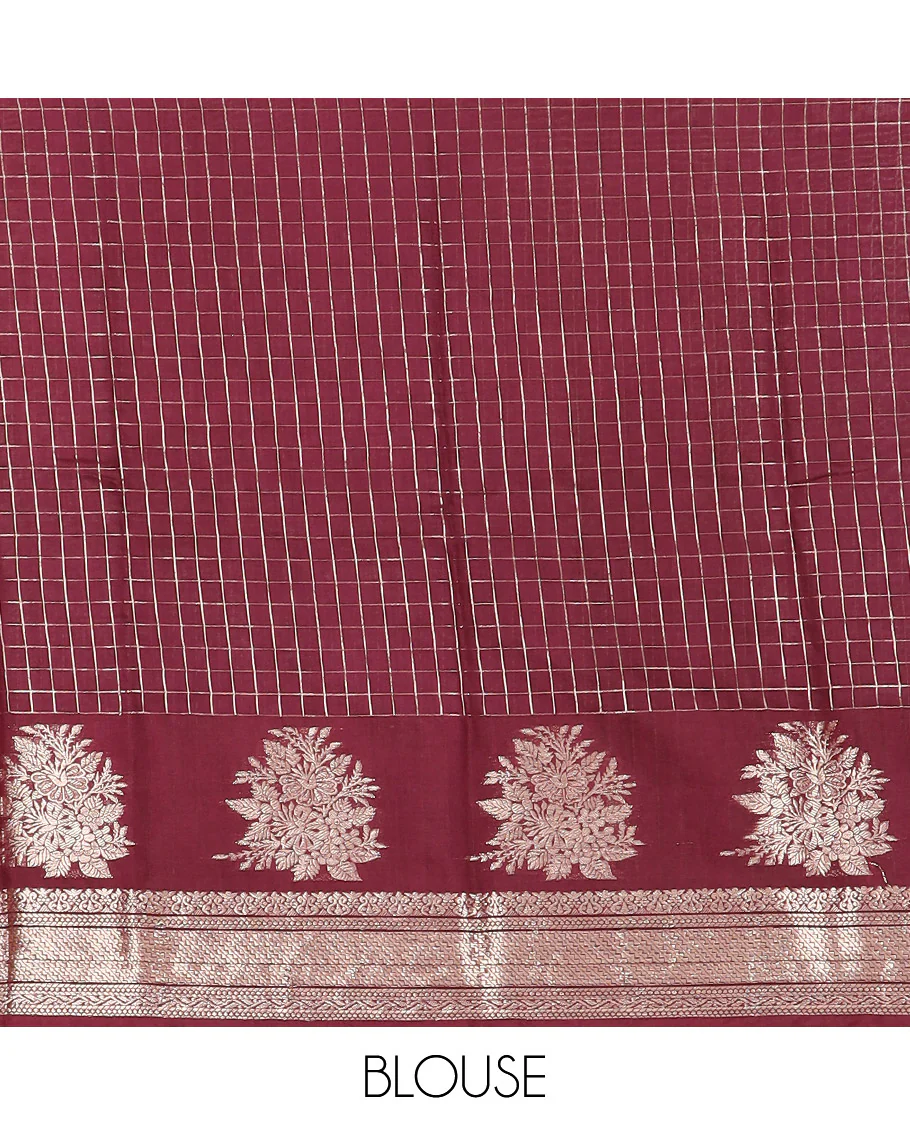 Yellow zari checked Assam silk saree, contrast traditional zari border of floral designs, and pallu of zari designs - Image 4