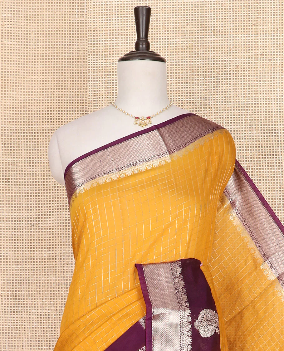 Yellow zari checked Assam silk saree, contrast traditional zari border of paisleys, and pallu of zari stripes - Image 2