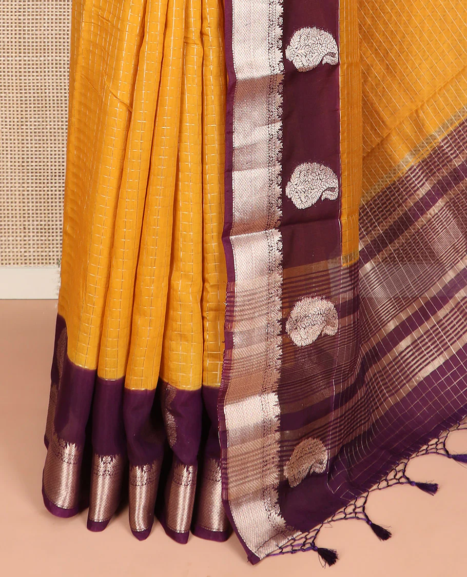 Yellow zari checked Assam silk saree, contrast traditional zari border of paisleys, and pallu of zari stripes - Image 3
