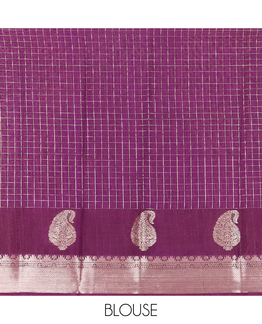 Yellow zari checked Assam silk saree, contrast traditional zari border of paisleys, and pallu of zari stripes - Image 4