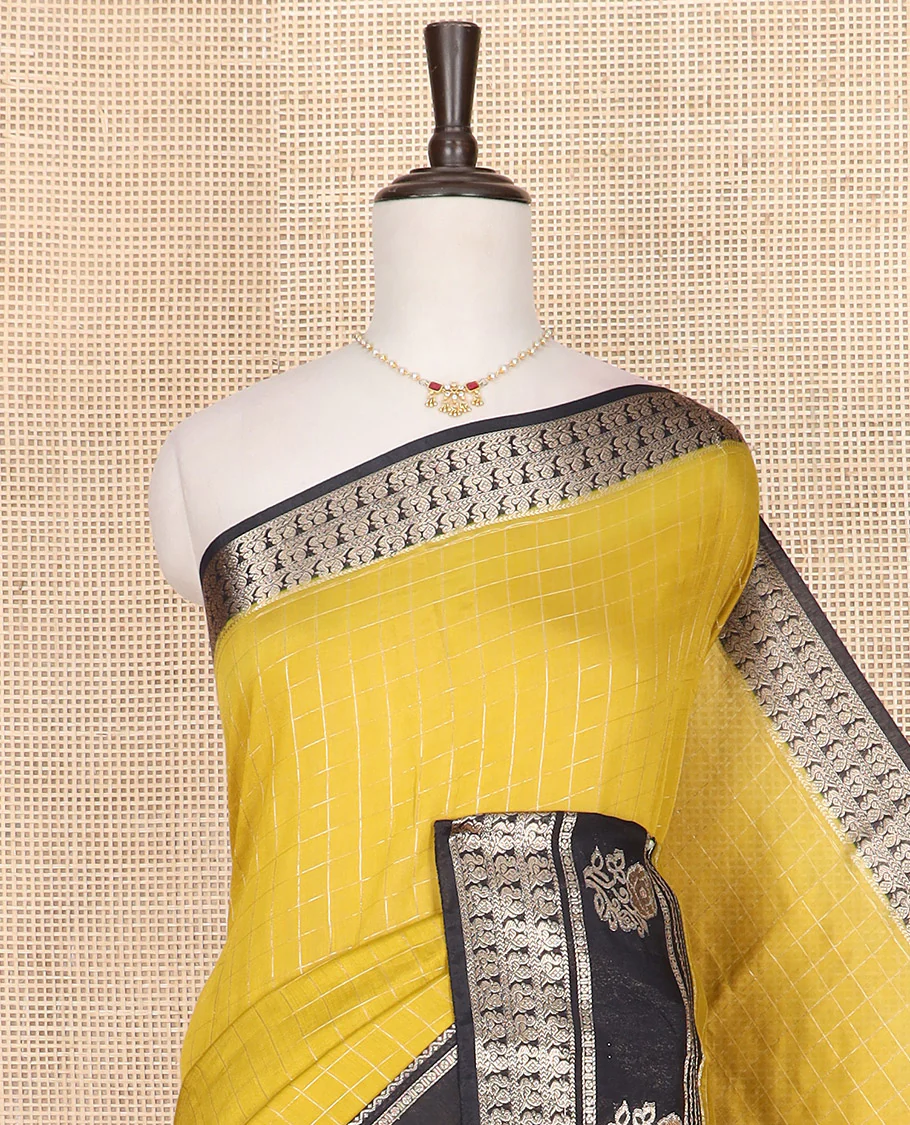 Yellow zari checked Assam silk saree, contrast traditional zari border of peacock and floral designs, and pallu of zari stripes - Image 2