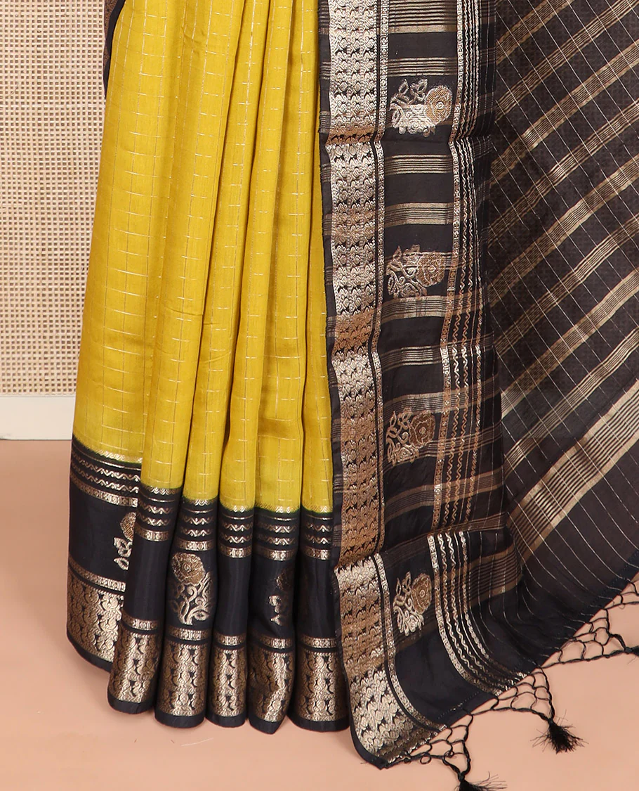 Yellow zari checked Assam silk saree, contrast traditional zari border of peacock and floral designs, and pallu of zari stripes - Image 3
