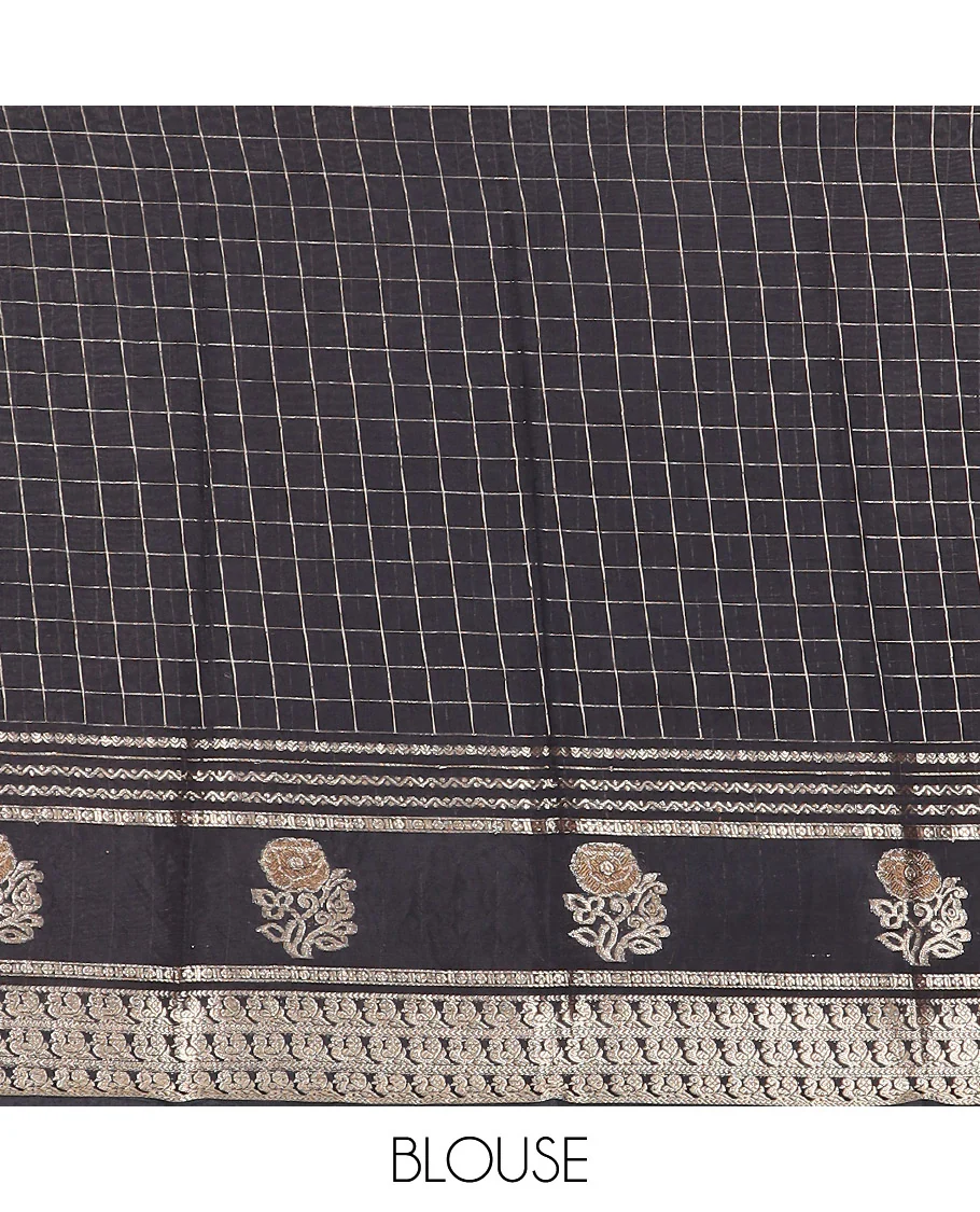Yellow zari checked Assam silk saree, contrast traditional zari border of peacock and floral designs, and pallu of zari stripes - Image 4