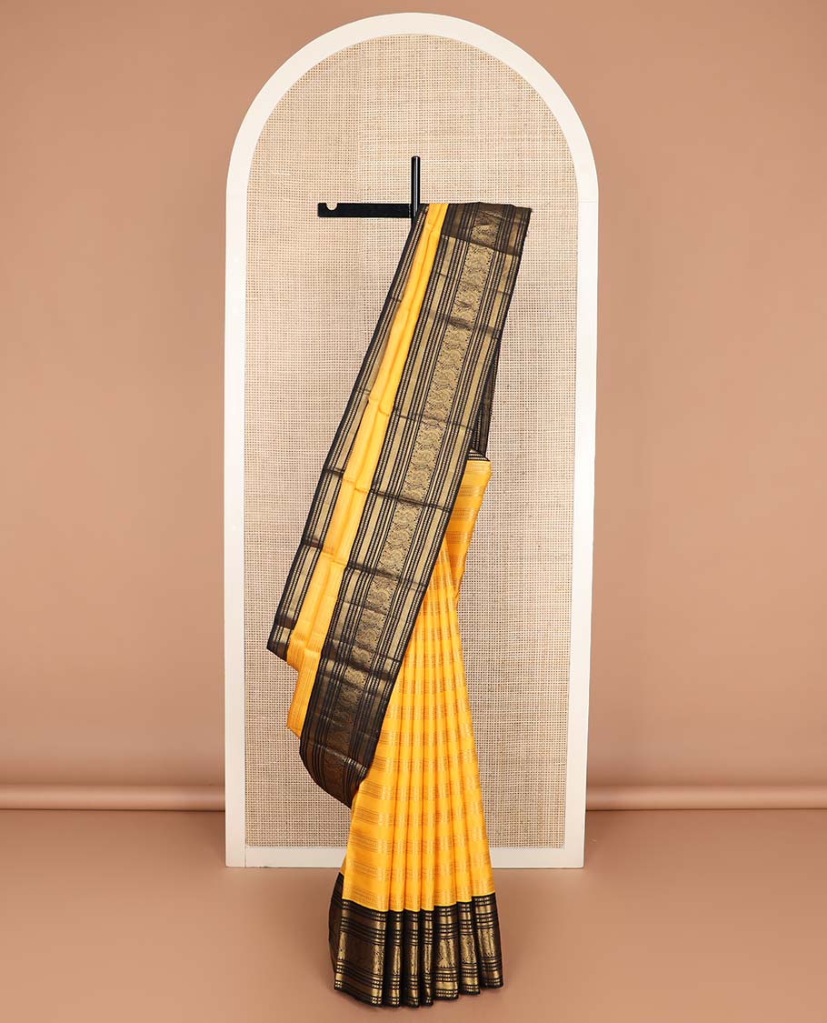 Yellow zari striped Kanchipuram silksaree, contrast border of kathir, and mayil designs, and pallu of mayil kann designs - Image 3