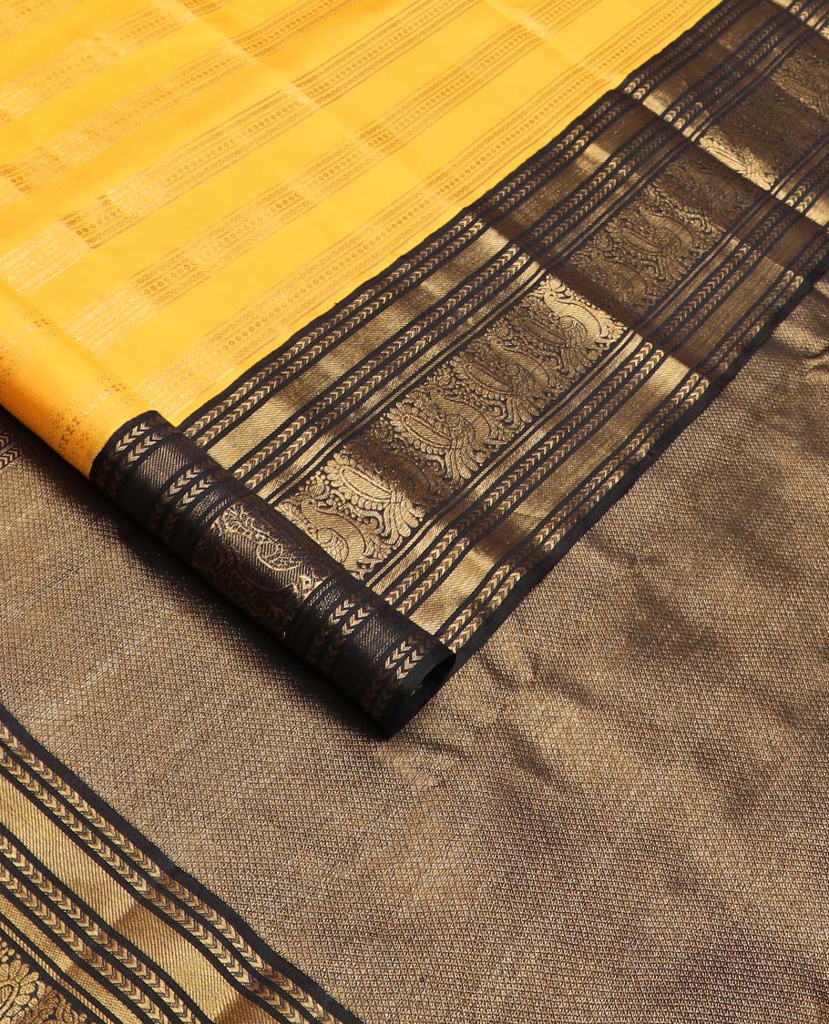 Yellow zari striped Kanchipuram silksaree, contrast border of kathir, and mayil designs, and pallu of mayil kann designs - Image 4