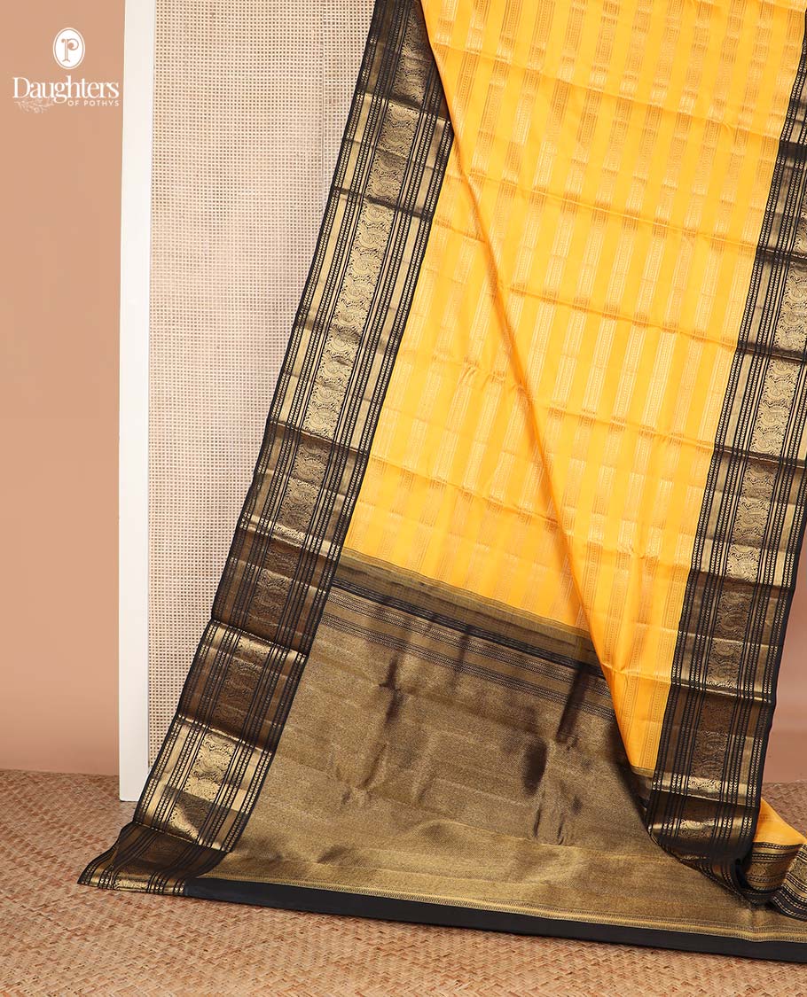 Yellow zari striped Kanchipuram silksaree, contrast border of kathir, and mayil designs, and pallu of mayil kann designs - Image 5