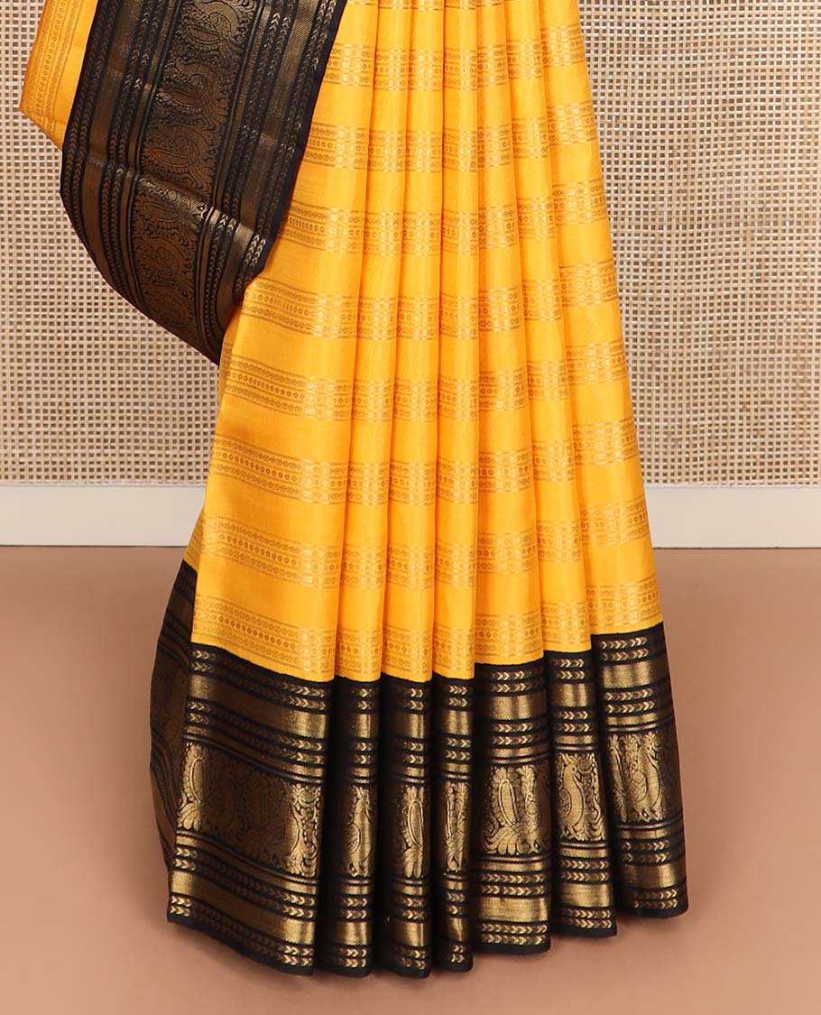 Yellow zari striped Kanchipuram silksaree, contrast border of kathir, and mayil designs, and pallu of mayil kann designs - Image 7