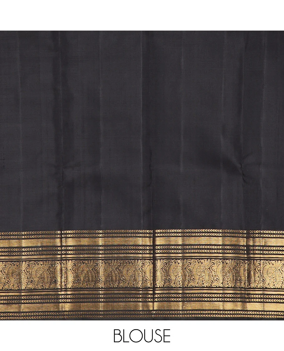 Yellow zari striped Kanchipuram silksaree, contrast border of kathir, and mayil designs, and pallu of mayil kann designs - Image 8