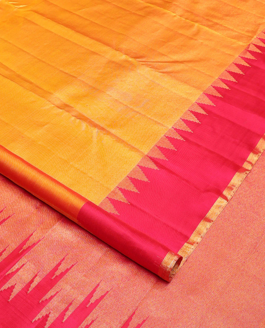 Yellow zari woven Kanchipuram silk saree, contrast thazampoo rekku zari border, and zari elevated pallu of pillaiyar mokku design - Image 2