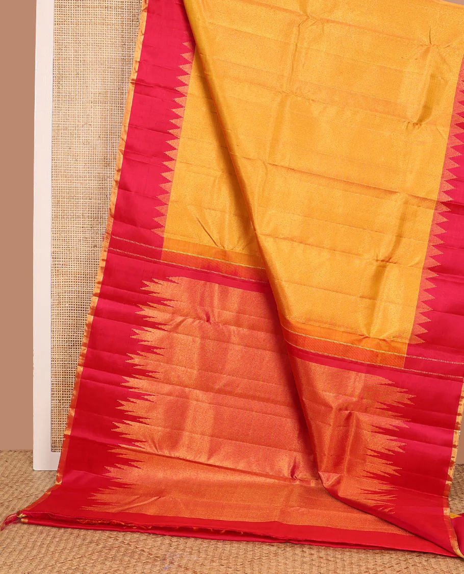 Yellow zari woven Kanchipuram silk saree, contrast thazampoo rekku zari border, and zari elevated pallu of pillaiyar mokku design - Image 3