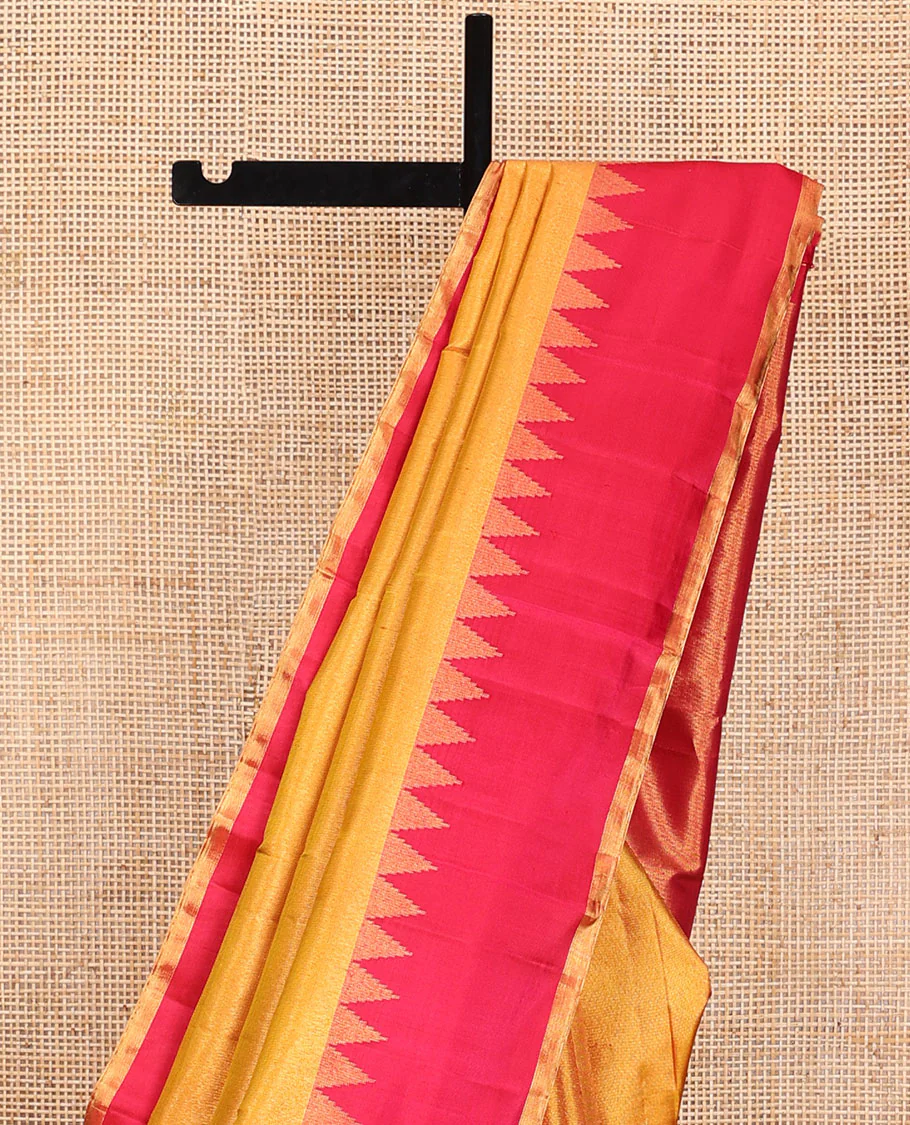 Yellow zari woven Kanchipuram silk saree, contrast thazampoo rekku zari border, and zari elevated pallu of pillaiyar mokku design - Image 4