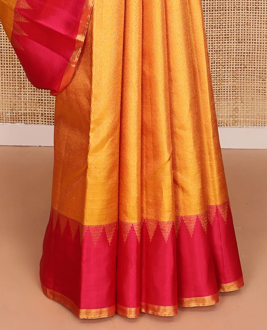 Yellow zari woven Kanchipuram silk saree, contrast thazampoo rekku zari border, and zari elevated pallu of pillaiyar mokku design - Image 5